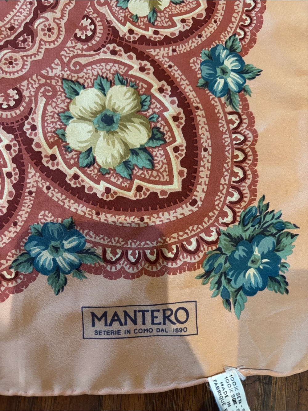 Mantero Vintage Floral Silk Scarf in Peach and Teal